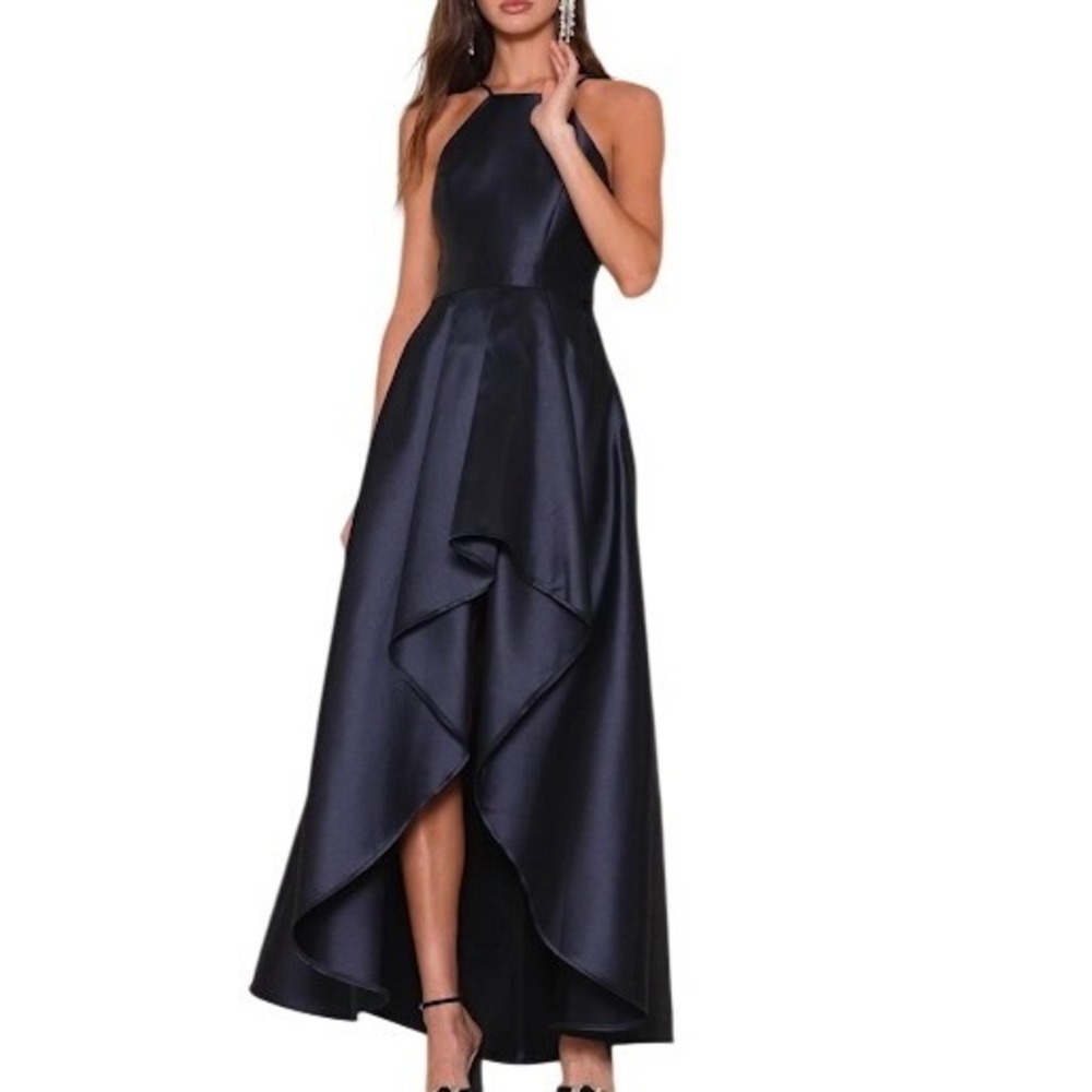 Lulus Broadway Show Navy Blue Satin High-Low Gown Apron Neck Maxi Dress‎ Large